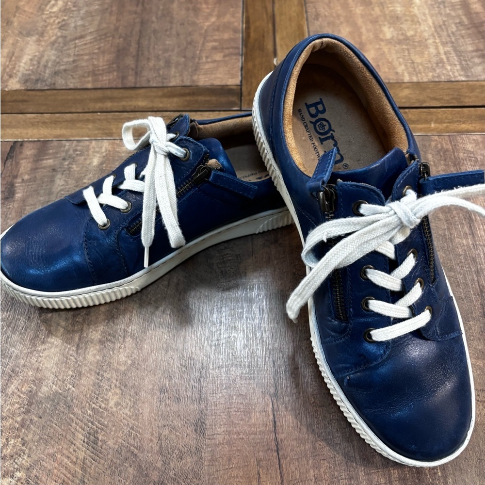 Born Blue Leather Sneakers Side Zip Lace Up Comfort‎ Shoes Men 9.5